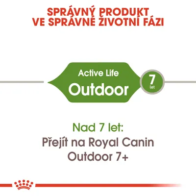 Text: Správný produkt ve správné životní fázi. Active Life Outdoor 7 let. Nad 7 let: Přejít na Royal Canin Outdoor 7+.