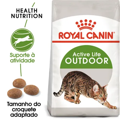 Royal Canin Active Life Outdoor para gatos. Texto visível: Health Nutrition, Suporte à atividade, Tamanho do croquete adaptado. Imagem de croquetes e gato na embalagem.