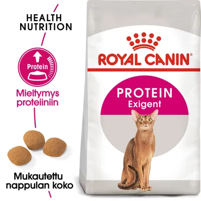Royal Canin PROTEIN Exigent -kissanruokapakkaus, tekstit: Health Nutrition, Mieltymys proteiiniin, Mukautettu nappulan koko. Näkyvissä ruskeita nappuloita ja kissa.