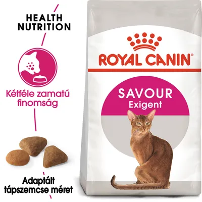 Royal Canin Savour Exigent macskaeledel csomag, Kétféle zamatú finomság, Adaptált tápszemcse méret feliratokkal, barna macskával és kétféle tápszemcsével.