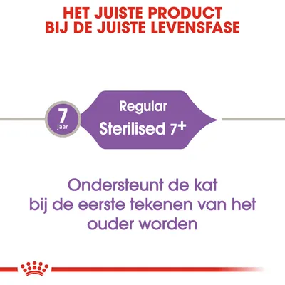 Het juiste product bij de juiste levensfase. 7 jaar Regular Sterilised 7+. Ondersteunt de kat bij de eerste tekenen van het ouder worden.