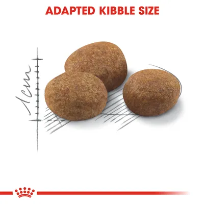 Три гранулы корма, каждая около 1 см в диаметре. Надпись на английском: ADAPTED KIBBLE SIZE.