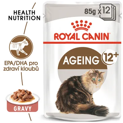 ROYAL CANIN AGEING 12+, 85g x 12, EPA/DHA pro zdraví kloubů, GRAVY, obrázek kočky na obalu. Text HEALTH NUTRITION. ROYAL CANIN AGEING 12+, 85g x 12, EPA/DHA pro zdraví kloubů, GRAVY, obrázek kočky na obalu. Text HEALTH NUTRITION.