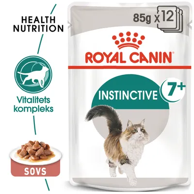 ROYAL CANIN INSTINCTIVE 7+, 85 g x 12, Vitalitetskompleks, SOVS, Health Nutrition. Billede af kat og portionsanretning med sovs synlig på emballagen.
