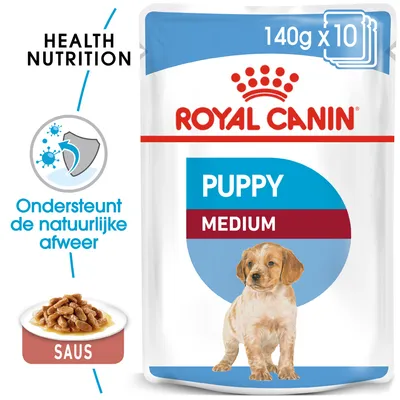Royal Canin Puppy Medium natvoer, 140g x 10. Ondersteunt de natuurlijke afweer. Saus. HEALTH NUTRITION zichtbaar op verpakking. Royal Canin Puppy Medium natvoer, 140g x 10. Ondersteunt de natuurlijke afweer. Saus. HEALTH NUTRITION zichtbaar op verpakking.