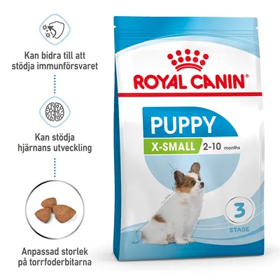 Royal Canin Puppy X-Small 2–10 months, fördelar: kan bidra till att stödja immunförsvaret, kan stödja hjärnans utveckling, anpassad storlek på torrfoderbitarna. Royal Canin Puppy X-Small 2–10 months, fördelar: kan bidra till att stödja immunförsvaret, kan stödja hjärnans utveckling, anpassad storlek på torrfoderbitarna.