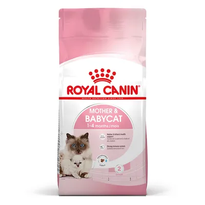 Sachet Royal Canin Mother & Babycat 1–4 mois, photo d’une chatte et d’un chaton, mentions : soutien santé mère et chatons, système immunitaire fort, niveau de réhydratation faible.