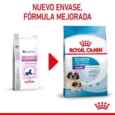 Comparación de envases: Royal Canin Starter Mother & Babydog Giant, antes y después. Texto visible: 'Nuevo envase, fórmula mejorada'. Para perros adultos de más de 45 kg.