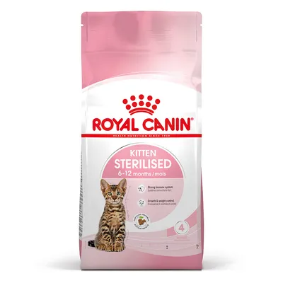Royal Canin Kitten Sterilised 6–12 months/mois. Billede af killing på posen. Tekst: Strong immune system, Growth & weight control, Antioxidants. Stage 4. Royal Canin Kitten Sterilised 6–12 months/mois. Billede af killing på posen. Tekst: Strong immune system, Growth & weight control, Antioxidants. Stage 4.