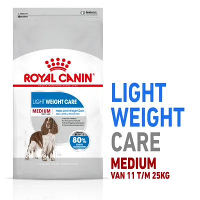 Royal Canin Light Weight Care Medium hondenvoer, zichtbaar: 'Helps limit weight gain', geschikt voor honden van 11 t/m 25 kg, 80% behaalde gezonder gewicht volgens verpakking.