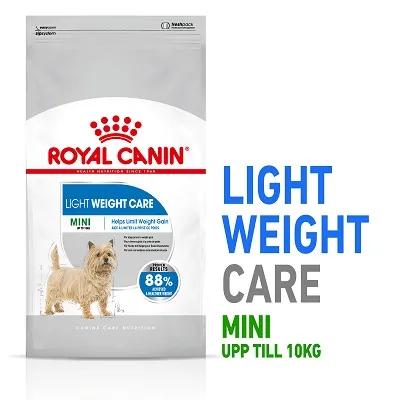 Royal Canin Light Weight Care Mini hundfoder, synlig text: 'Helps Limit Weight Gain', '88 % bevisade resultat', 'Mini upp till 10 kg'. Bild på liten hund på förpackningen.