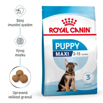 Balení Royal Canin Puppy Maxi 2–15 months, silný imunitní systém, vývoj mozku, upravená velikost granulí, obrázek tří kulatých granulí a štěněte, stupeň 3 stage