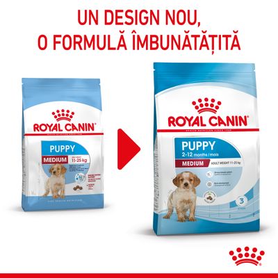 Royal Canin Puppy Medium, greutate adult 11–25 kg. Ambalaj vechi și nou cu text: Un design nou, o formulă îmbunătățită. Pe ambalaj nou scrie: 2–12 months/mois.