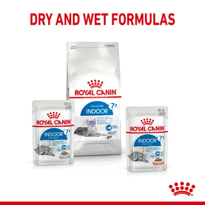 ROYAL CANIN INDOOR 7+ ξηρή και υγρή τροφή γάτας. Εμφανίζονται συσκευασίες με γάτα, ένδειξη 7+, Home Life Indoor, Sterilised, 85g. Κείμενο στα αγγλικά: DRY AND WET FORMULAS.