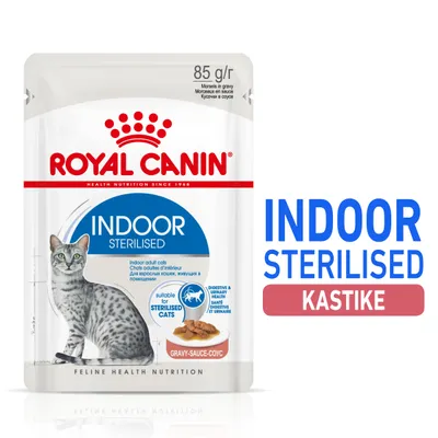 Royal Canin Indoor Sterilised kastike, 85 g. Teksti: suitable for sterilised cats, gravy-sauce-coyc, digestive & urinary health. Kissan kuva pakkauksessa. Royal Canin Indoor Sterilised kastike, 85 g. Teksti: suitable for sterilised cats, gravy-sauce-coyc, digestive & urinary health. Kissan kuva pakkauksessa.
