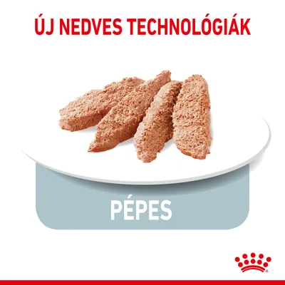 Új nedves technológiák, pépes. Tányéron több szelet barna pépes állagú eledel látható. Royal Canin márkajelzés a sarokban.
