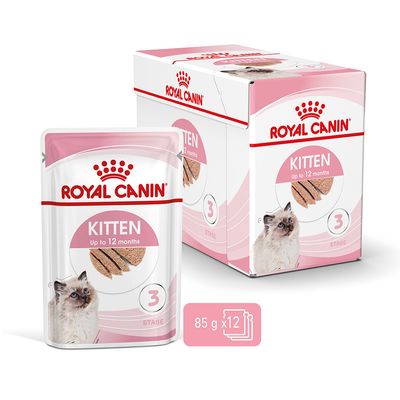 Royal Canin Kitten Up to 12 months, 3 Stage. Pakke med 12 poser à 85 g. Billede af kattekilling på emballagen.