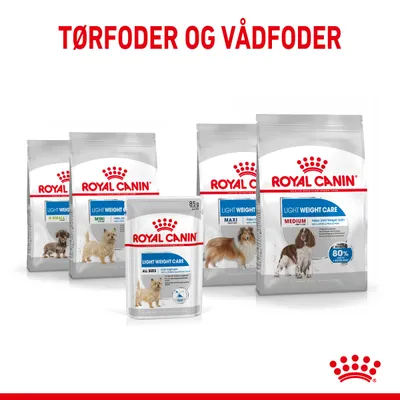 Royal Canin Light Weight Care tørfoder og vådfoder til hunde: X-Small, Mini, Maxi, Medium, All Sizes. Synlig tekst: Helps limit weight gain, 80 %, 85 g.