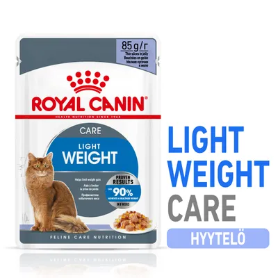 Royal Canin Light Weight Care hyytelö kissan märkäruoka, 85 g. Pakkaus ja teksti: yli 90 % saavutti terveemmän painon 8 viikossa. Kissan kuva ja annos hyytelöruokaa.