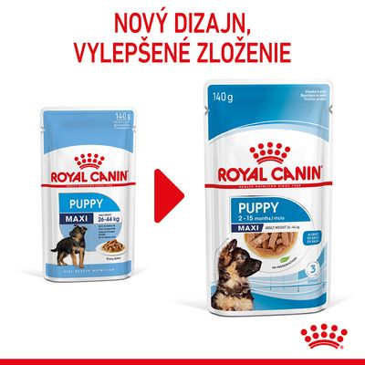 Porovnanie starého a nového balenia Royal Canin Puppy Maxi 140 g, nápis: Nový dizajn, vylepšené zloženie. Na obale: pre šteňatá 2–15 mesiacov, hmotnosť 26–44 kg.