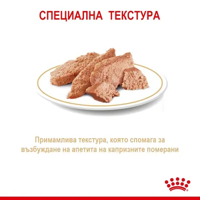 СПЕЦИАЛНА ТЕКСТУРА. Примамлива текстура, която спомага за възбуждане на апетита на капризните померани. Парчета храна в чиния.