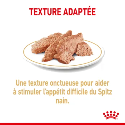 Texte visible : TEXTURE ADAPTÉE. Une texture onctueuse pour aider à stimuler l’appétit difficile du Spitz nain. Assiette avec pâtée en morceaux.