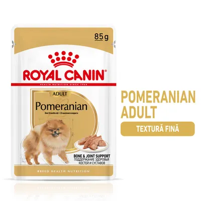 Plic hrană umedă ROYAL CANIN Pomeranian Adult 85 g, text vizibil: Bone & Joint Support, textură fină, imagine câine Pomeranian și hrană în bol.