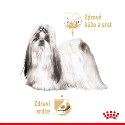 Pes s dlouhou srstí, grafické prvky a text: Zdravá kůže a srst, Zdraví srdce. V pravém dolním rohu červené korunky.