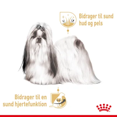 Bidrager til sund hud og pels. Bidrager til en sund hjertefunktion. Illustration af hund med langt hår og to grafiske ikoner.