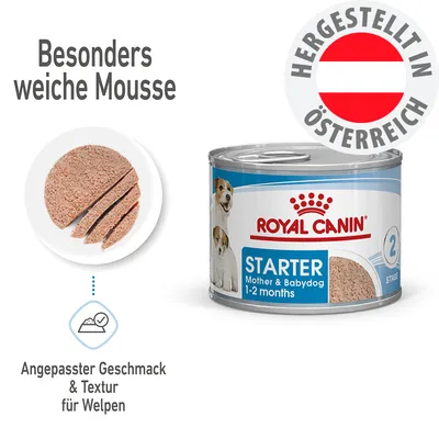 Royal Canin Starter Mother & Babydog 1-2 months, besonders weiche Mousse, hergestellt in Österreich, angepasster Geschmack und Textur für Welpen
