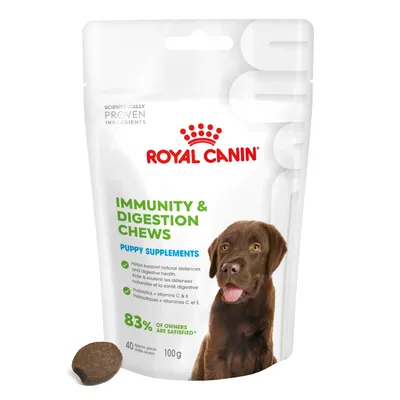 Immunity and digestion chews, puppy supplements with prebiotics and vitamins C and E. 83% of owners are satisfied. Pack contains 40 pieces, 100g.