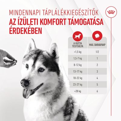 Mindennapi táplálékkiegészítők, az ízületi komfort támogatása érdekében. Etetési útmutató: testsúly és maximális darab/nap táblázat 1,5–28 kg felett 1/2–6 db-ig.