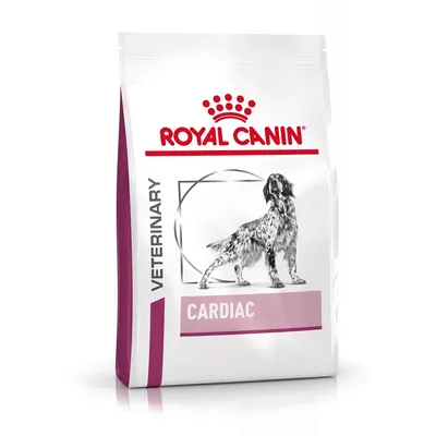 Embalagem de ração Royal Canin Veterinary Cardiac para cães, com imagem de um cão e texto visível: VETERINARY, CARDIAC.