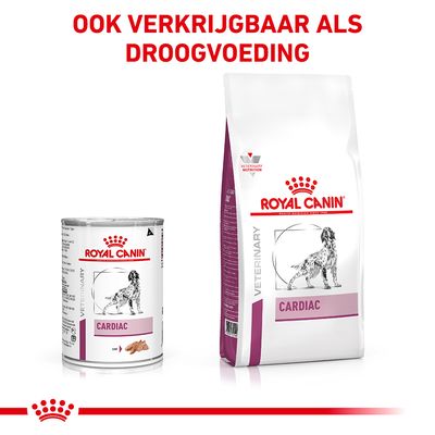 Royal Canin Cardiac natvoer en droogvoer voor honden, tekst: ook verkrijgbaar als droogvoeding. Beide verpakkingen tonen merknaam en productnaam duidelijk.