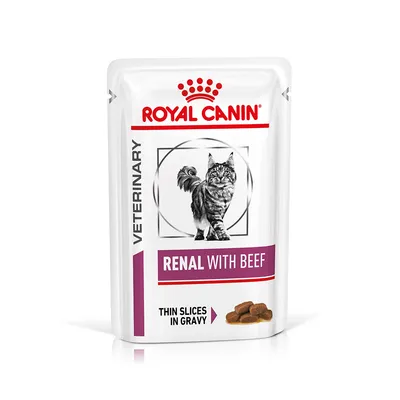 ROYAL CANIN VETERINARY RENAL WITH BEEF, våtfoder för katt. Text: THIN SLICES IN GRAVY. Bild på katt och foderbitar i sås på förpackningen.