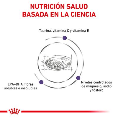 NUTRICIÓN SALUD BASADA EN LA CIENCIA. Taurina, vitamina C y E. EPA+DHA, fibras solubles e insolubles. Niveles controlados de magnesio, sodio y fósforo.
