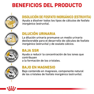 Beneficios del producto: disolución de fosfato inorgánico (estruvita), dilución urinaria, baja SSR y bajo en magnesio. Explicaciones detalladas de cada beneficio incluidas.