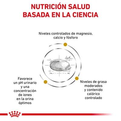NUTRICIÓN SALUD BASADA EN LA CIENCIA. Niveles controlados de magnesio, calcio y fósforo. Favorece un pH urinario óptimo. Niveles de grasa moderados y contenido calórico controlado.