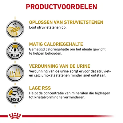 Productvoordelen: oplossen van struvietstenen, matig caloriegehalte, verdunning van de urine, lage RSS. Uitleg over elk voordeel in het Nederlands zichtbaar.