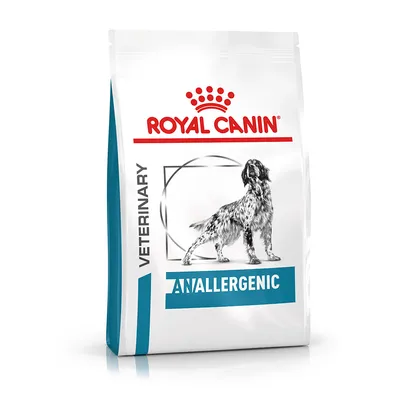 Bag labelled Royal Canin Veterinary Anallergenic, showing a black and white dog illustration. The packaging highlights the product as anallergenic and veterinary.