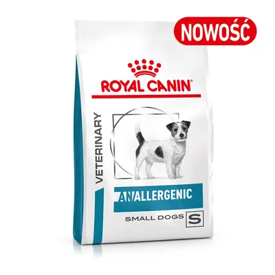Opakowanie karmy Royal Canin Veterinary Anallergenic Small Dogs S z psem na froncie, widoczny napis NOWOŚĆ. Opakowanie karmy Royal Canin Veterinary Anallergenic Small Dogs S z psem na froncie, widoczny napis NOWOŚĆ.