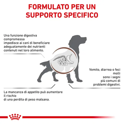 Testo: Formulato per un supporto specifico. Una funzione digestiva compromessa impedisce ai cani di beneficiare dei nutrienti. Vomito, diarrea o feci molli sono segni di problemi digestivi. La mancanza di appetito può aumentare il rischio di perdita di peso malsana.