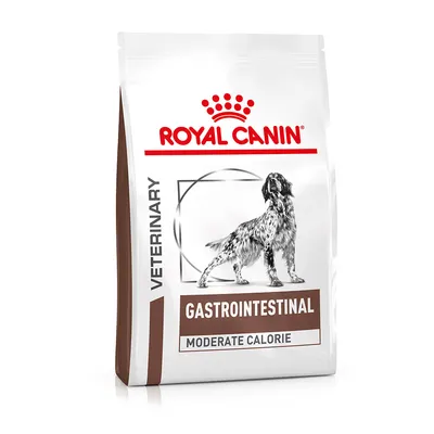 Bag labelled veterinary gastrointestinal moderate calorie. Image shows a dog illustration and the brand name Royal Canin. Bag labelled veterinary gastrointestinal moderate calorie. Image shows a dog illustration and the brand name Royal Canin.