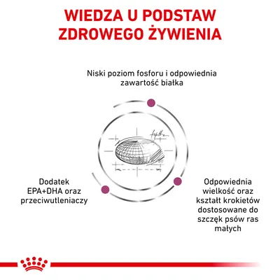 Wiedza u podstaw zdrowego żywienia: niski poziom fosforu i odpowiednia zawartość białka, dodatek EPA+DHA oraz przeciwutleniaczy, wielkość i kształt krokietów dla psów ras małych.