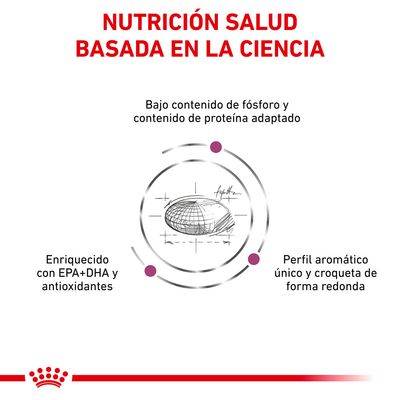 NUTRICIÓN SALUD BASADA EN LA CIENCIA. Bajo contenido de fósforo y proteína adaptado. Enriquecido con EPA+DHA y antioxidantes. Perfil aromático único y croqueta de forma redonda.
