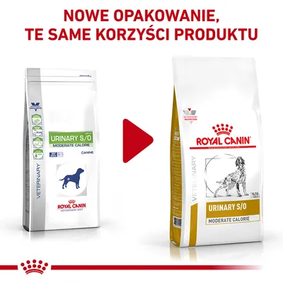 Nowe opakowanie karmy Royal Canin Urinary S/O Moderate Calorie dla psów. Widoczne stare i nowe opakowanie oraz napis: Nowe opakowanie, te same korzyści produktu.