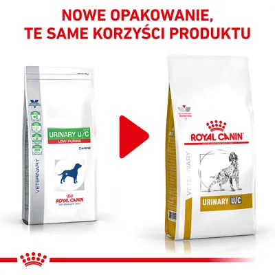 Porównanie starego i nowego opakowania karmy Royal Canin Urinary U/C dla psów. Widoczny napis: Nowe opakowanie, te same korzyści produktu.
