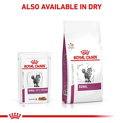 Royal Canin Renal with Chicken wet food pouch and Royal Canin Renal dry food bag shown side by side. Text above states: Also available in dry.