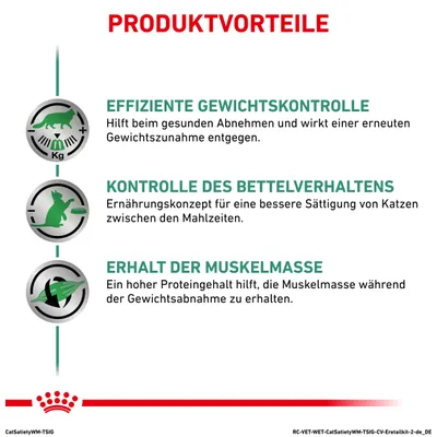 Produktvorteile: Effiziente Gewichtskontrolle, Kontrolle des Bettelverhaltens, Erhalt der Muskelmasse. Unterstützt gesunde Abnahme und Sättigung bei Katzen mit hohem Proteingehalt.
