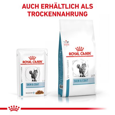Royal Canin Skin & Coat для кошек, упаковки влажного и сухого корма. Надпись на немецком: AUCH ERHÄLTLICH ALS TROCKENNAHRUNG.